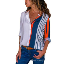 Latest Design Plus Size Patchwork Sexy Shirts for Women Tops Crop Stripe Women′s Color Block Tops